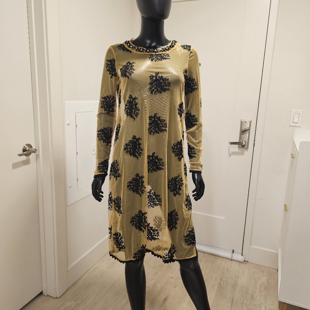 Elegant Yellow Sheer Dress with Black Floral Design